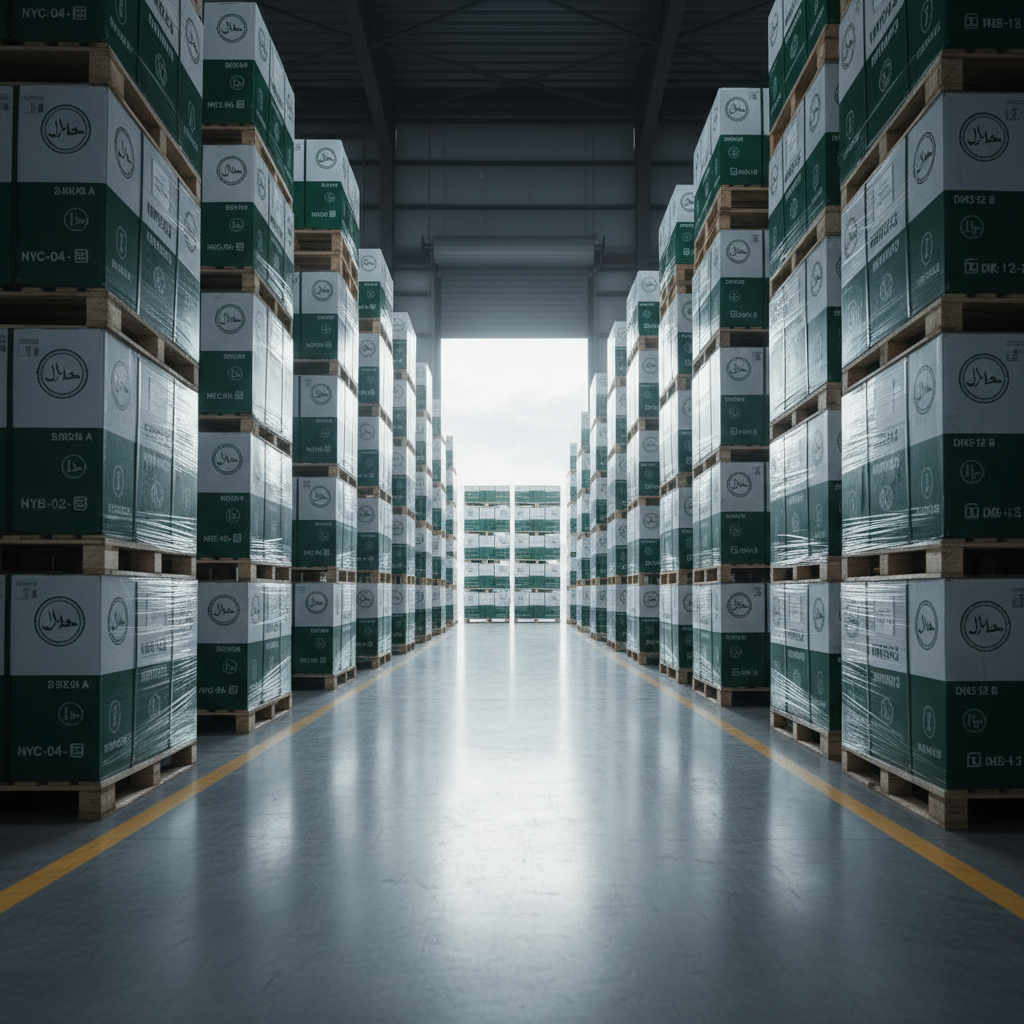 An atmospheric warehouse loading area prepared for global shipment of UMMAT FOODS products, with stacked pallets of shrink-wrapped, uniformly branded cartons in deep green and white, each marked with bold halal seals and destination codes. A large open loading bay reveals a soft, overcast daylight spilling in, creating diffused, even lighting with subtle long shadows on the polished concrete floor. The scene is free of any vehicles or people, focusing instead on the scale and orderliness of the environment. Captured from a low, wide-angle perspective, the repeating lines of pallets lead the eye toward the bright opening, symbolizing outward growth and global reach. The photographic realism and cool, neutral tones communicate reliability, readiness, and logistical strength.