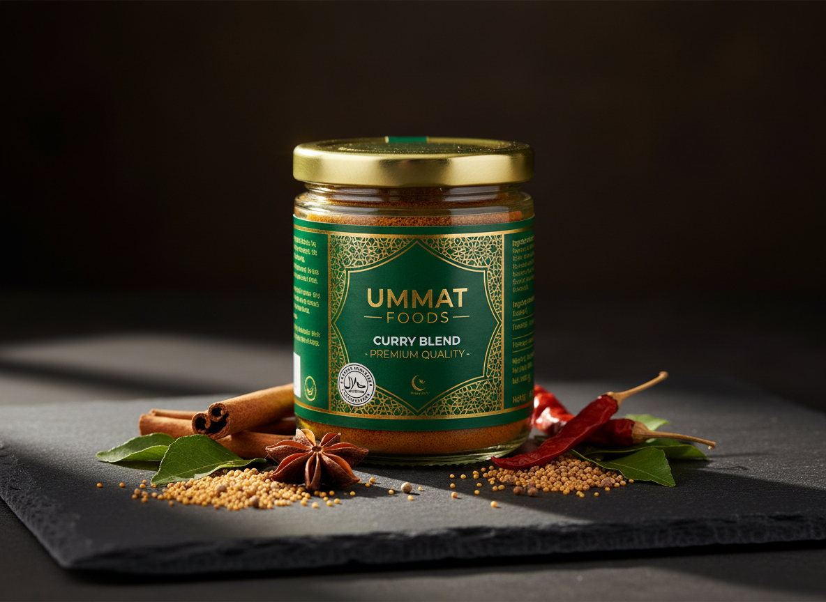 A sophisticated, photographic close-up of a single UMMAT FOODS premium product, such as a jar of spice blend or gourmet sauce, placed on a dark, matte stone surface. The jar features a rich emerald label with gold foil details, clear halal certification marks, and concise typography. Around it, a restrained scattering of fresh ingredients—whole spices, herbs, or grains—echoes the product contents without clutter. A focused beam of soft, warm light from the side creates a gentle glow on the glass and metallic lid, with dramatic yet refined shadows that enhance depth. The background fades into a smooth, dark bokeh, keeping attention on the product. The composition is centered, with a luxurious, high-end feel that conveys purity, premium quality, and modern elegance.