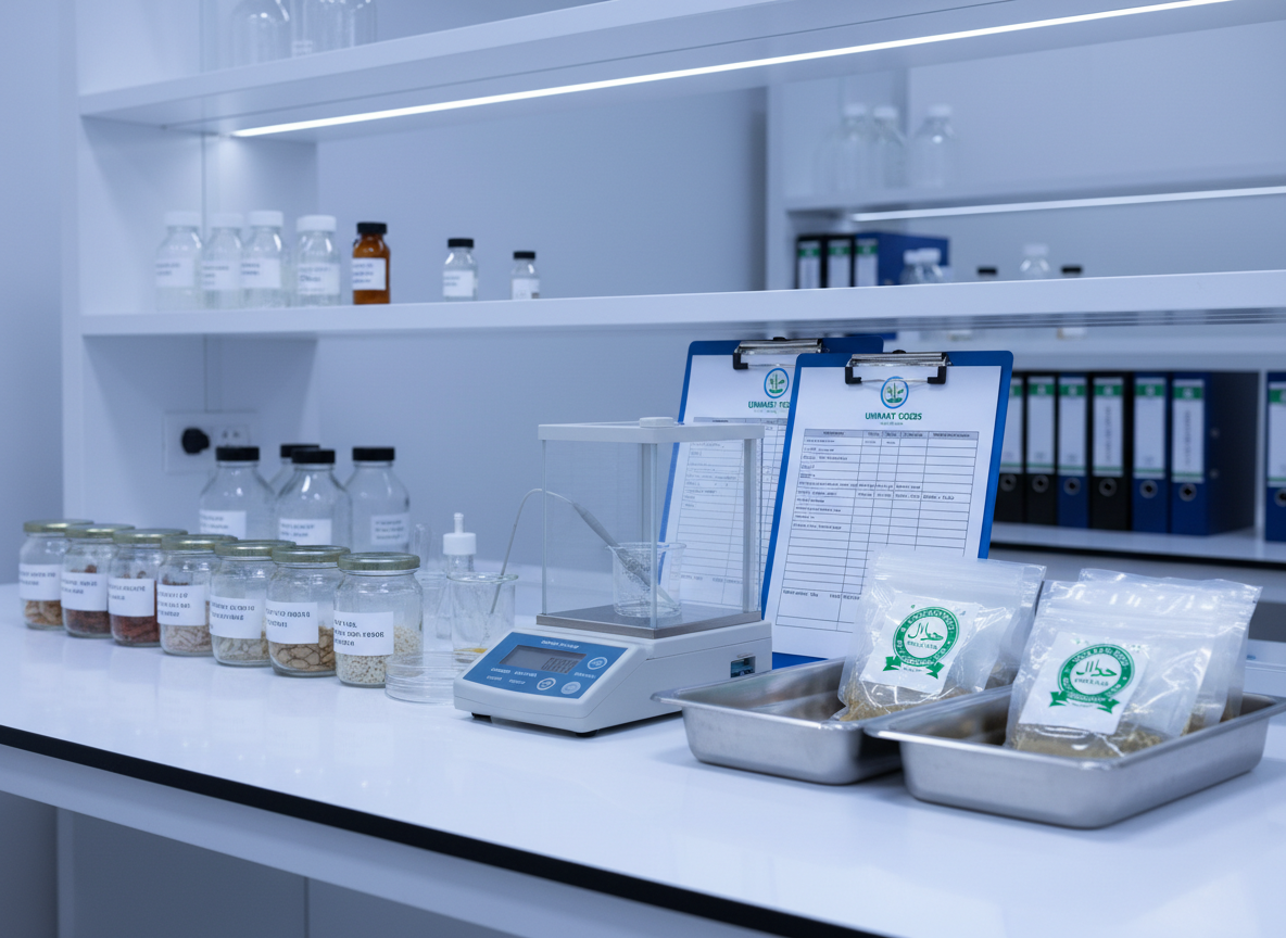 A neatly arranged quality assurance workspace for UMMAT FOODS, featuring a spotless white laboratory bench with labeled sample containers of various products, a digital scale, a pH meter, and neatly stacked clipboards with printed quality checklists bearing the UMMAT FOODS logo. Transparent sample bags with clear halal stamps sit in a stainless steel tray. Bright, even overhead lighting creates a clean, clinical atmosphere, with soft reflections on glass and metal surfaces. Captured from an eye-level, slightly angled perspective, the composition shows clear foreground focus with a gently blurred background of shelves holding organized binders and testing equipment. The photographic realism and cool color palette underline integrity, rigorous standards, and scientific precision in halal food verification.