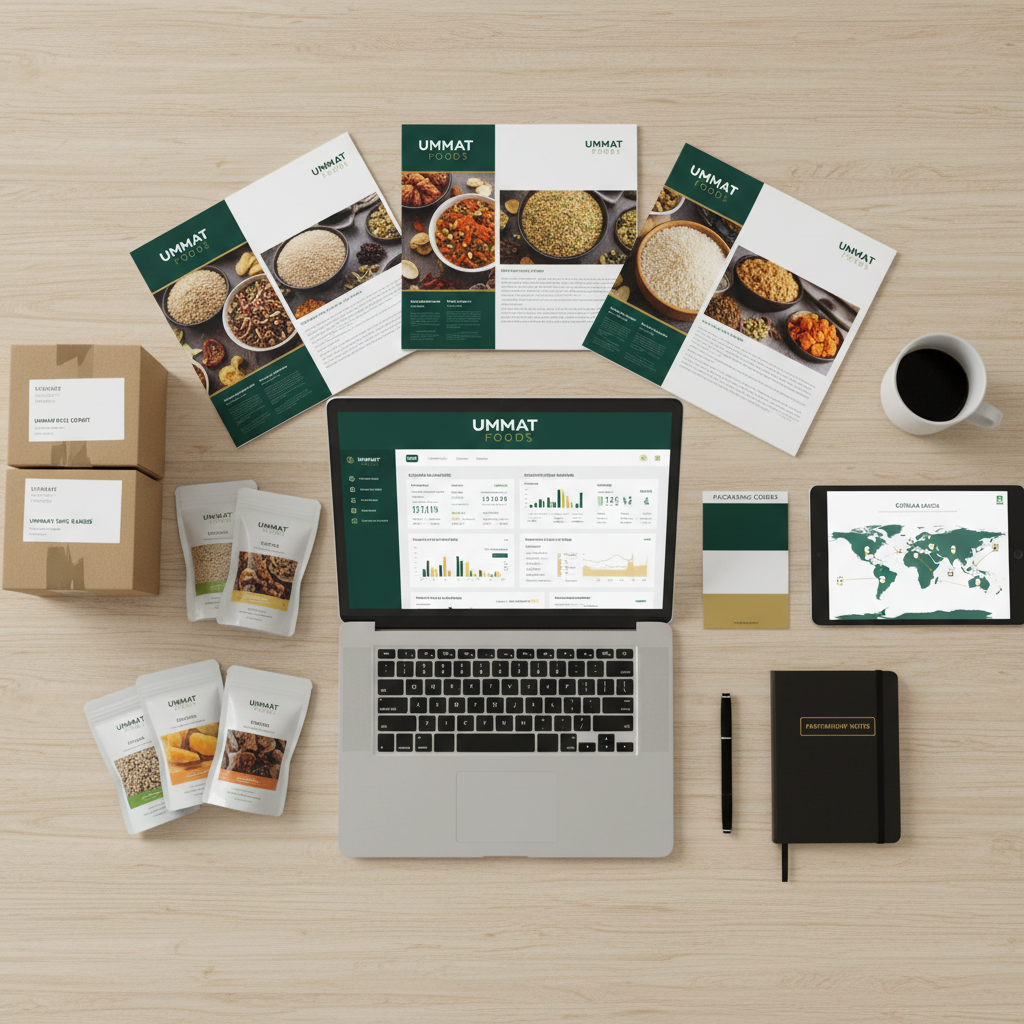 A highly organized, photographic top-down view of a distributor’s planning desk dedicated to UMMAT FOODS, featuring a laptop displaying a mock dashboard with UMMAT FOODS branding, printed product catalogs fanned out, and swatch cards showing packaging colors in deep green, white, and gold. Sturdy sample boxes and small product pouches are arranged with precision alongside a world map pin-board style graphic on a tablet. Soft, neutral studio lighting from above evenly illuminates the scene, minimizing harsh shadows and emphasizing crisp lines and text. The atmosphere is strategic and professional, emphasizing partnership and scalability. The composition is meticulously balanced, with clear focal points and enough negative space to feel modern and uncluttered, ideal for a distributor or B2B-focused page.